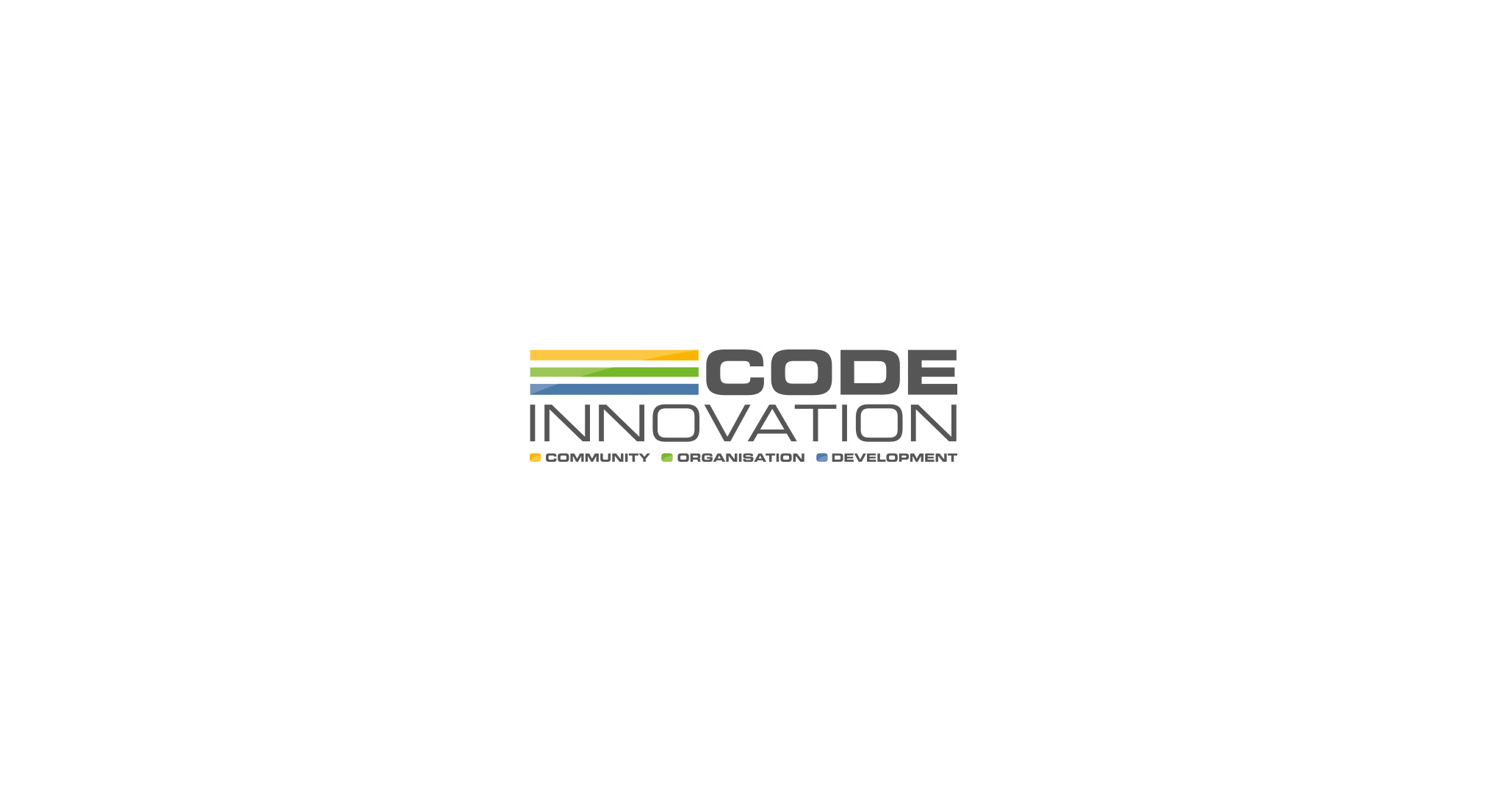 Code Innovation, Community, Organisation, Development, technischer Schriftzug mit 3 farbigen Balken