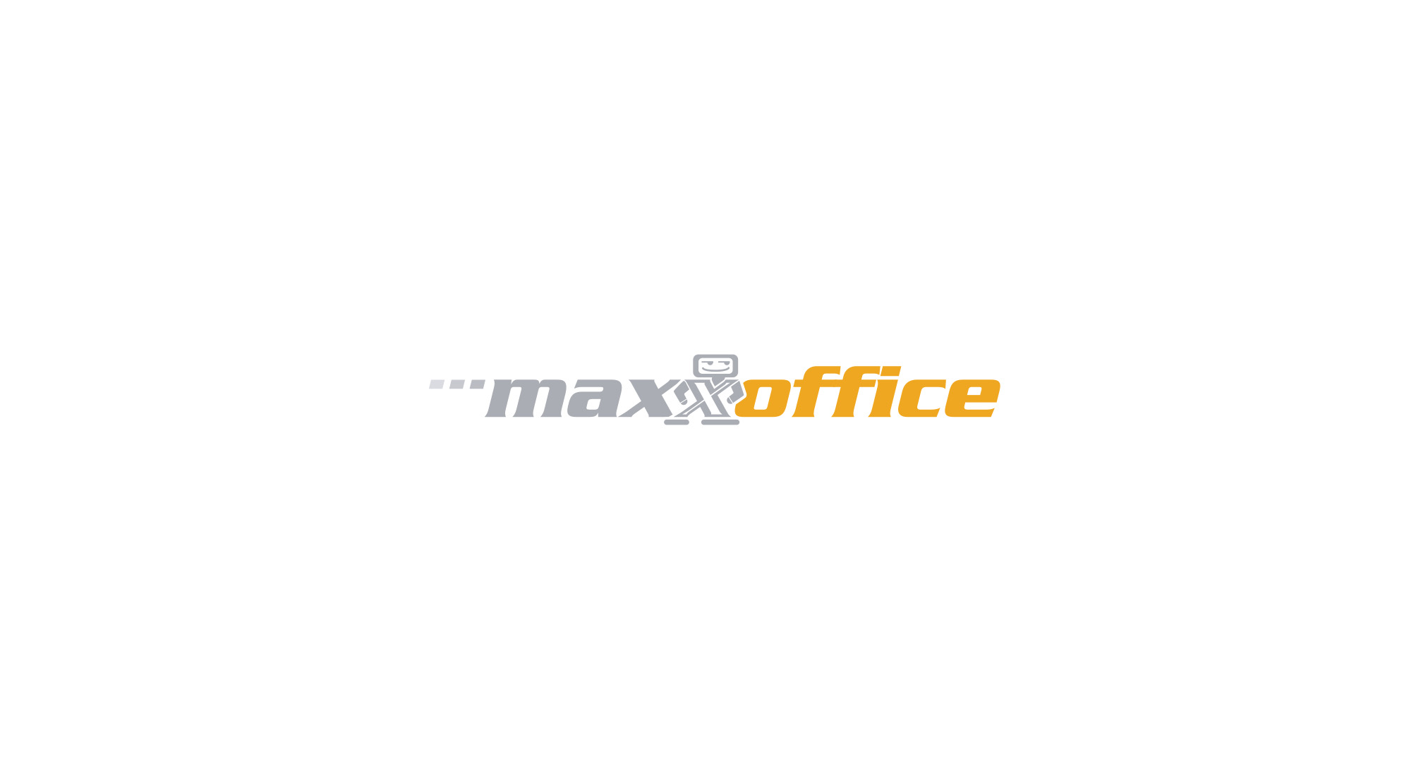 maxxoffice - technischer Schriftzug in grau und orange, das zweite x ist ein Roboter